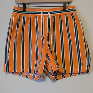Polo Ralph Lauren Drawstring Swim Lined Trunks 5" Size Medium Orange Stripe EUC